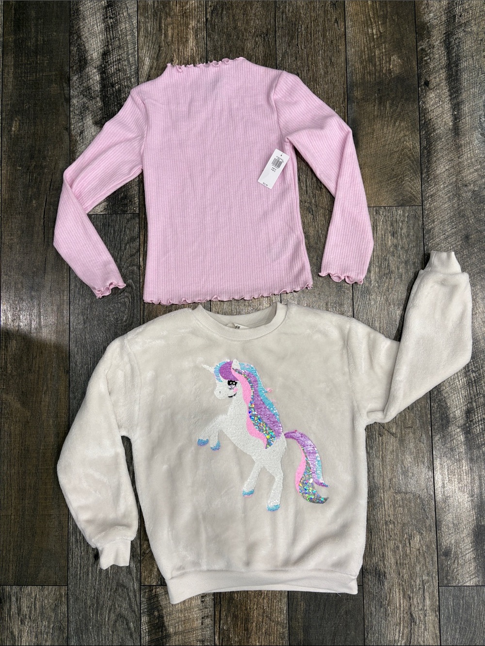 Soft shirt lot-H&M Cream Unicorn Sequin Sweatshirt & long sleeved ribbed shirt